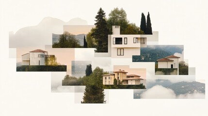 A dreamy collage of houses nestled in a mountain landscape. Soft light and muted colors create a serene mood.