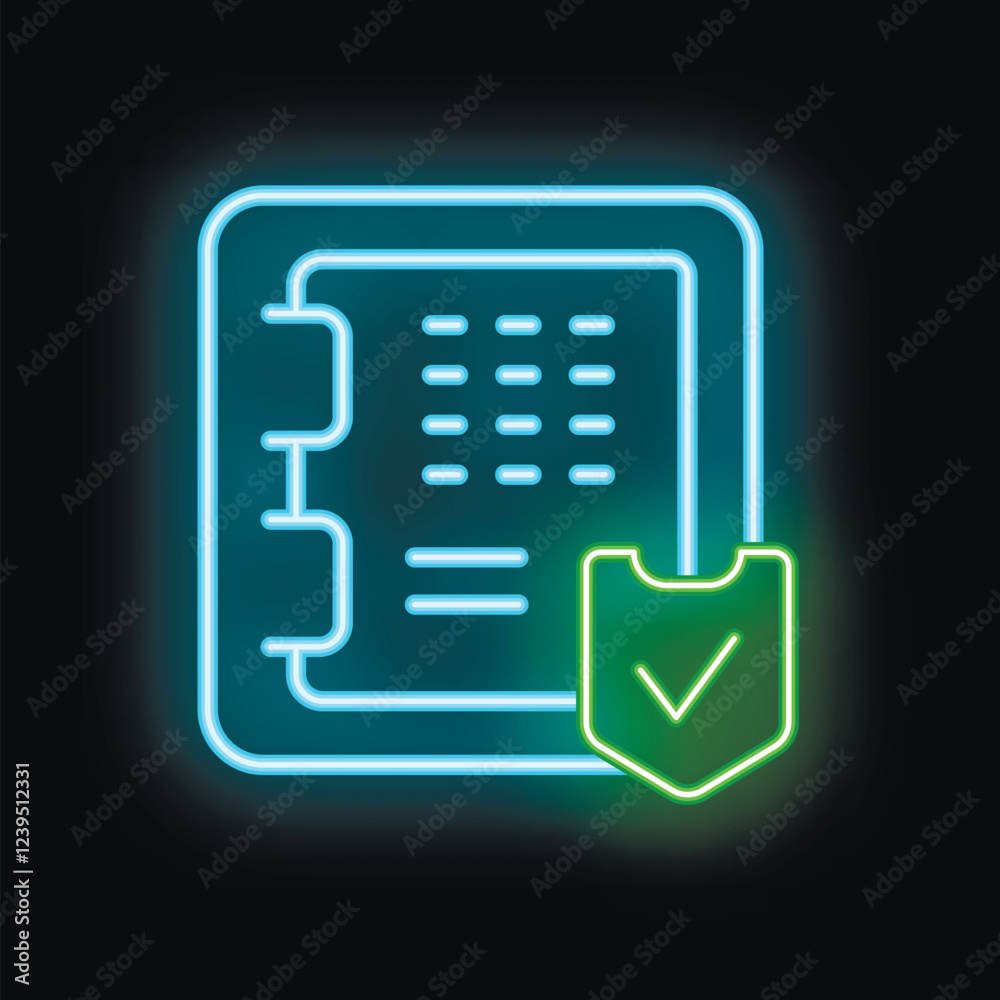 Poster neon icon of a document with a checkmark inside a shield, representing data security in a visually a