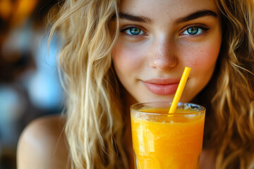 Close up portrait of a beautiful young woman drinking orange smoothie