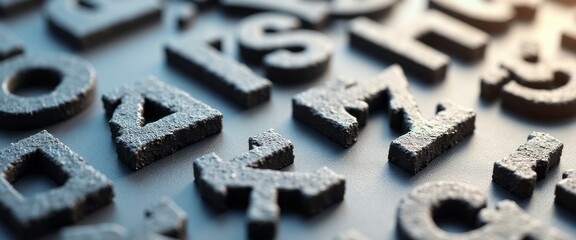 This captivating close-up showcases a variety of textured letters, each uniquely crafted, creating a visually striking composition. The interplay of light and shadow enhances the depth and character
