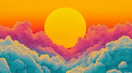 Vibrant sunset over a sea of colorful clouds. Warm hues of orange, pink, and teal create a dreamy atmosphere.