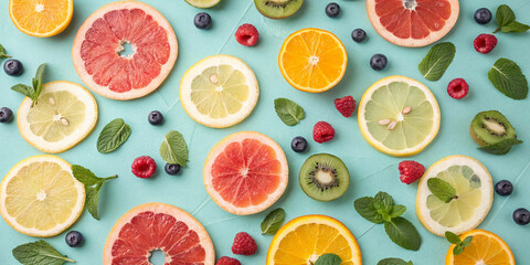 Vibrant Citrus Slices on Turquoise Background