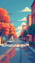 Fototapeta premium Scenic autumn urban street with colorful foliage and reflective puddles