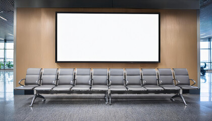 Obraz premium イスが並ぶ待合室の壁に設置されてた何も書かれていない真っ白なホワイトボードの伝言掲示板。コピースペースあり。AIで生成 