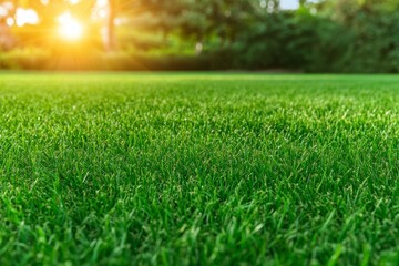 Fototapeta premium Large, lush green field with a bright sun shining on it