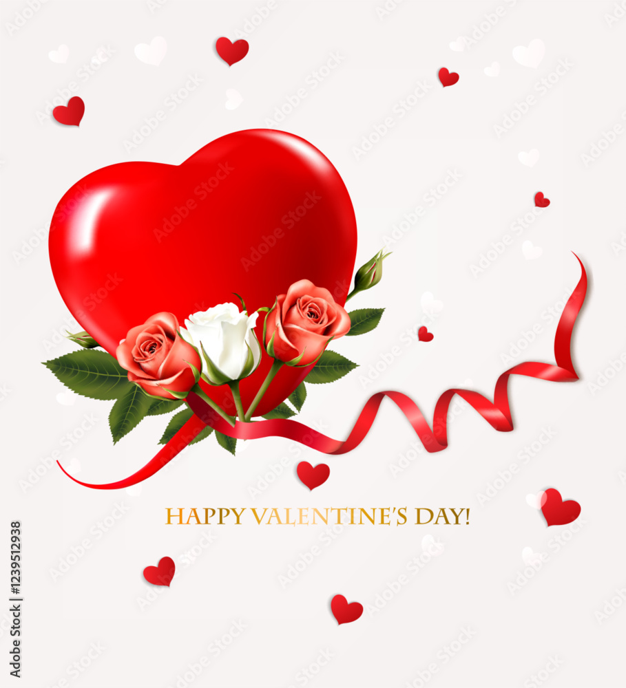 Poster happy valentine's day beautiful background with colorful roses and red heart shape ribbon vector.