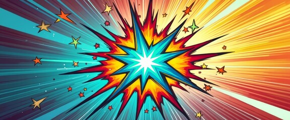 Fototapeta premium A vibrant explosion of colors radiates outward, creating a stunning starburst effect that captivates the eye. This energetic design, featuring bright blues, fiery oranges, and playful stars, evokes a