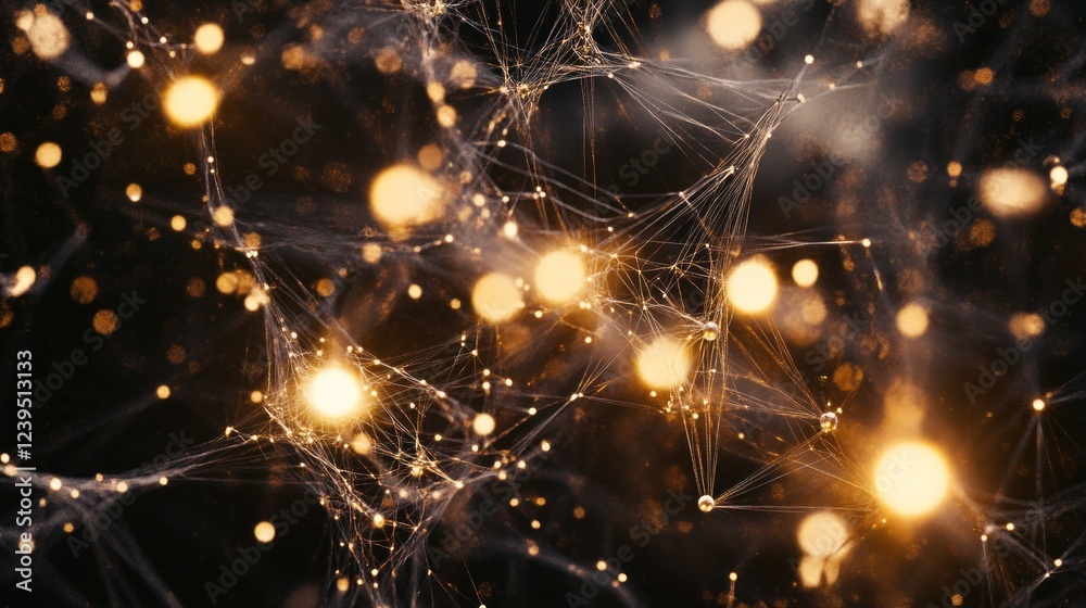Poster glowing network of interconnected nodes with sparkling light and subtle haze