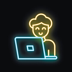 Neon sign of a happy freelancer working at night on a laptop