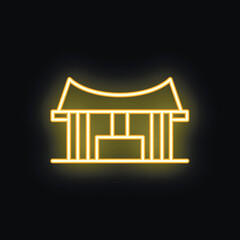 Minimalistic neon icon of japanese house with glowing yellow contour on dark background