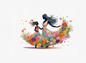 Obraz premium Silhouette of a mother and daughter, their flowing dresses formed from vibrant flowers against a white background. A tender moment of connection and joy.