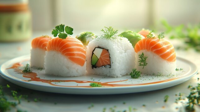 Sushi plate on table with herbs, light window background. Food photo