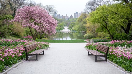 Fototapeta premium Spring in Central Park, NYC benches, tulips, pond, city skyline