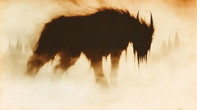 A dark, mysterious beast emerges from the fog, its silhouette a haunting presence against the pale background.