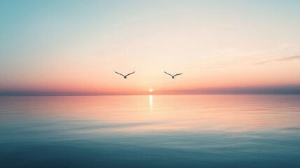 Sunset over calm waters with birds flying in serene atmosphere. Generative AI