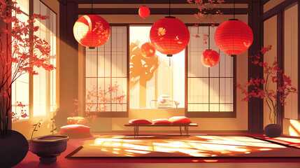 Indoor celebration of red lanterns aesthetic designs and cultural significance. Cultural Aesthetics. Illustration