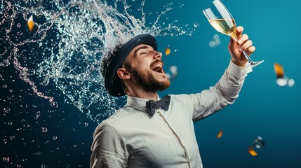 Man throwing drink in the air with joyful expression