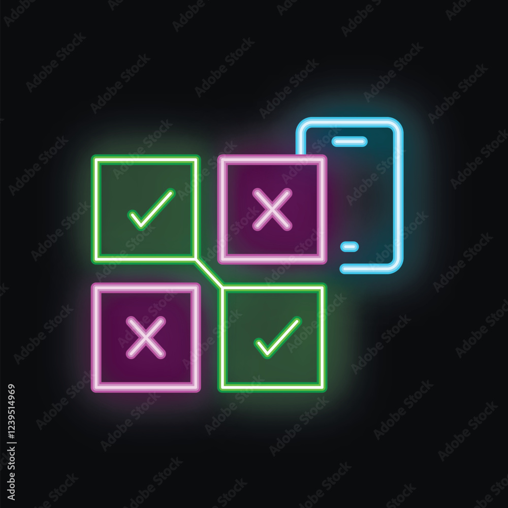 Poster neon icon of a smartphone showing a multiple choice quiz with right and wrong answers