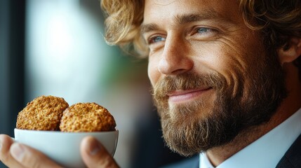 Man with curly hair holding a bowl of cookies