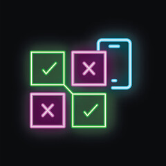 Neon icon of a smartphone showing a multiple choice quiz with right and wrong answers