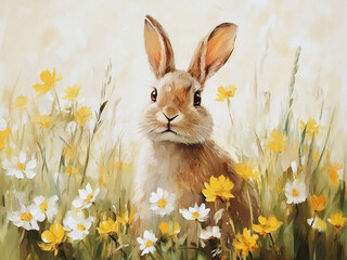 Vintage Easter rabbit in meadow wildflowers