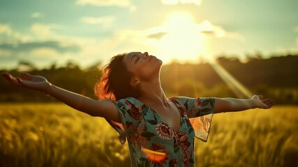 Backlit Portrait of calm happy smiling free black woman with open arms and closed eyes enjoys a beautiful moment life on the fields at sunset
- Powered by Adobe