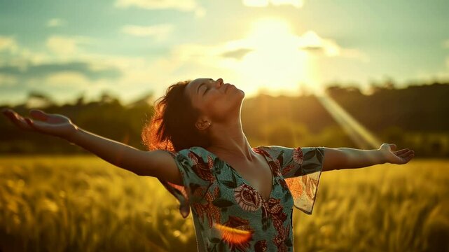 Backlit Portrait of calm happy smiling free black woman with open arms and closed eyes enjoys a beautiful moment life on the fields at sunset	
