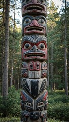 Detailed wooden totem pole with salmon and raven carvings highlighted in red and white paint
