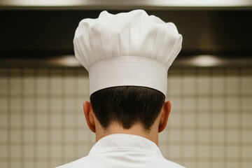Young male chef in professional kitchen attire facing away