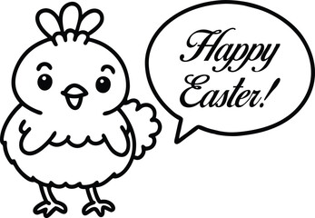 Cute Cartoon Chick Saying 'Happy Easter' in Speech Bubble Outline Drawing