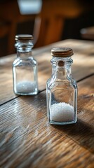 Two salt shakers on table, interior, for food service or recipe images