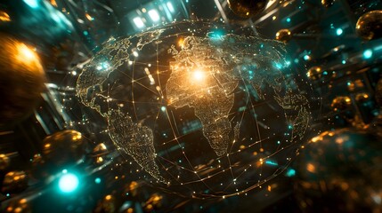 a digital artwork featuring a futuristic and abstract style. It depicts a central globe with a glowing network of lines and nodes, suggesting a digital or technological theme. 