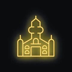 Bright yellow neon sign depicting a mosque with minarets and a dome, set against a dark background