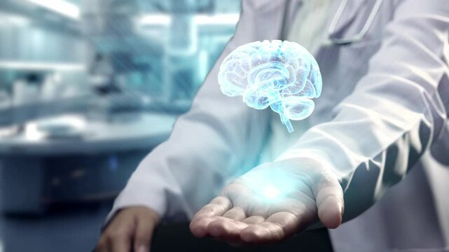 Close up of skilled doctor sitting and showing brain anatomy hologram on hand floating at hospital. Medical worker examining brain disorder and analyzing by using medical data. Technology. Remedial.