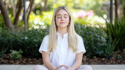 Woman meditating outdoors, serene garden background, peaceful mindfulness practice