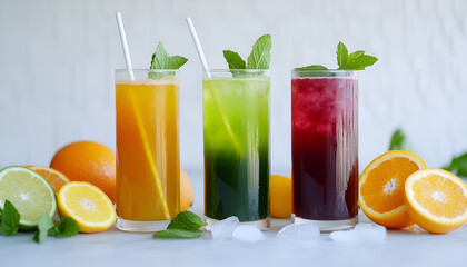 Fototapeta premium Isolated drinks. Glasses of fresh citrus juices (orange, grapefruit, lemon, lime) and cut fruits isolated on white background