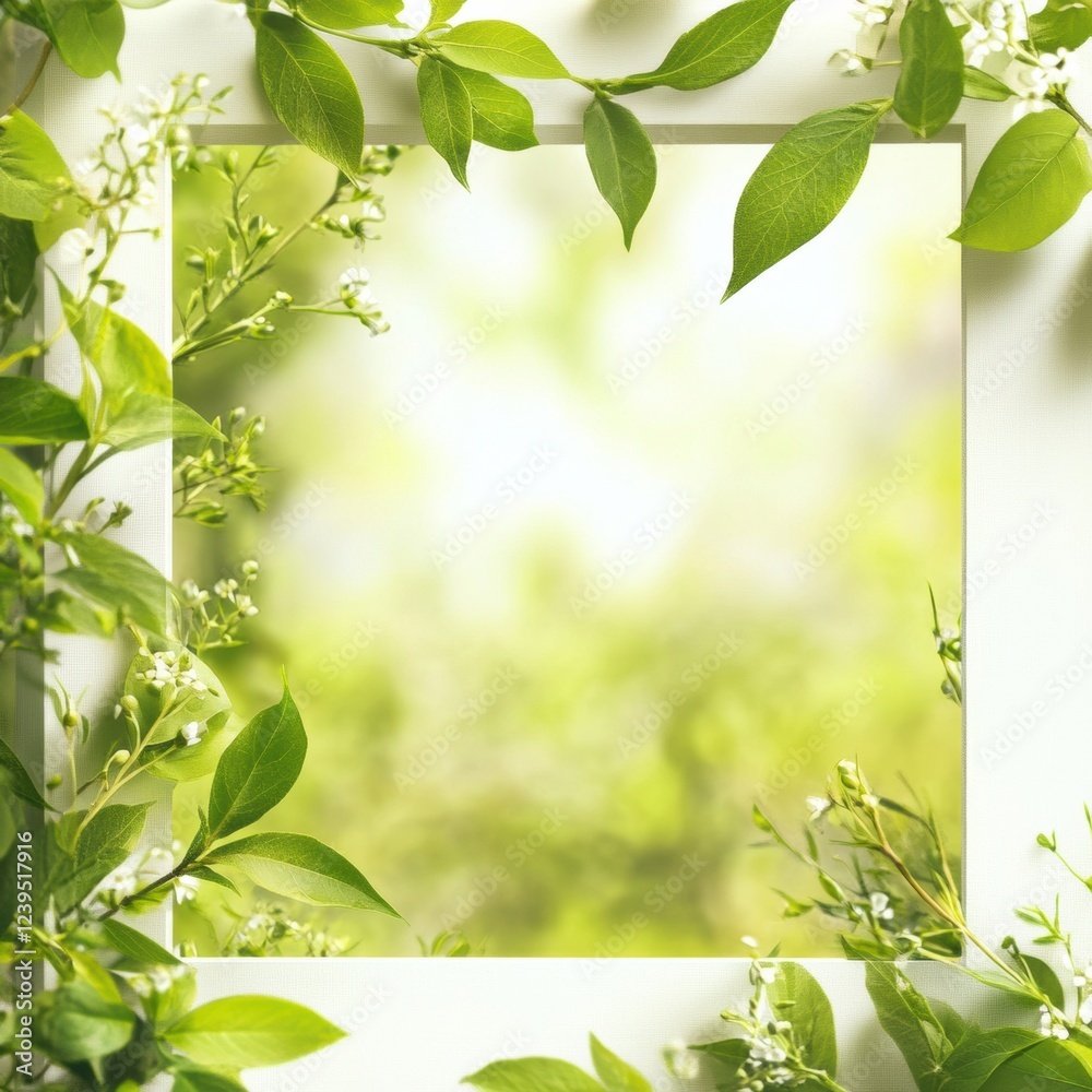 Fototapete green leaves frame a soft blurred background with hints of nature in a serene and tranquil setting. 