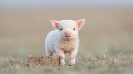 Obraz premium Cute piglet standing on clod, farm field