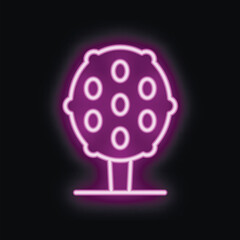 Neon sign representing a tree with round fruits growing on it, isolated over a black background