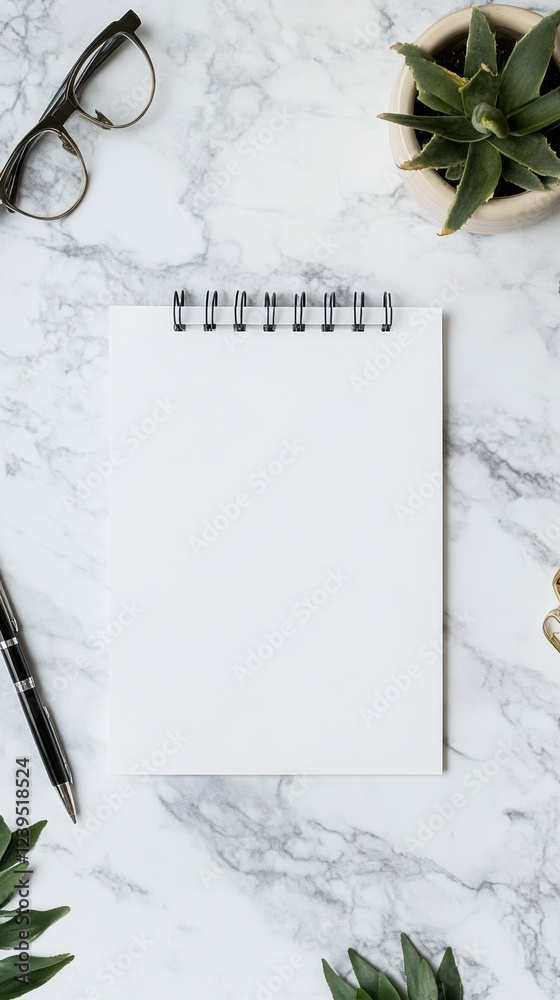 Leinwandbilder blank spiral notebook placed on a marble table surrounded by plants and a pen in a creative workspac
