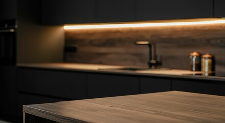 Obraz premium Modern kitchen interior with sleek design and warm lighting accents