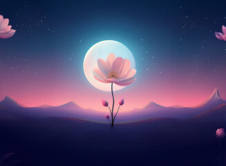 Obraz premium A single, luminous pink flower blossoms under a large moon in a dreamy, pastel landscape. The night sky twinkles above a soft, purple and pink mountain range.