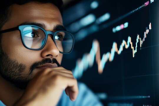 Young asian male analyzing financial data on computer screen with stock market graph