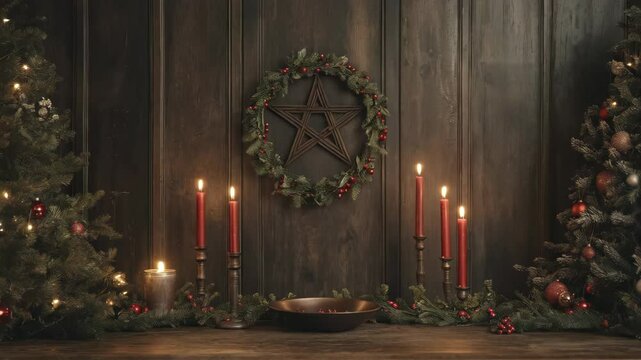 Festive holiday scene with Christmas tree, wreath, and candles. Rustic wooden backdrop with star decoration. Winter solstice celebration. Yule altar setting for pagan or wiccan ritual.