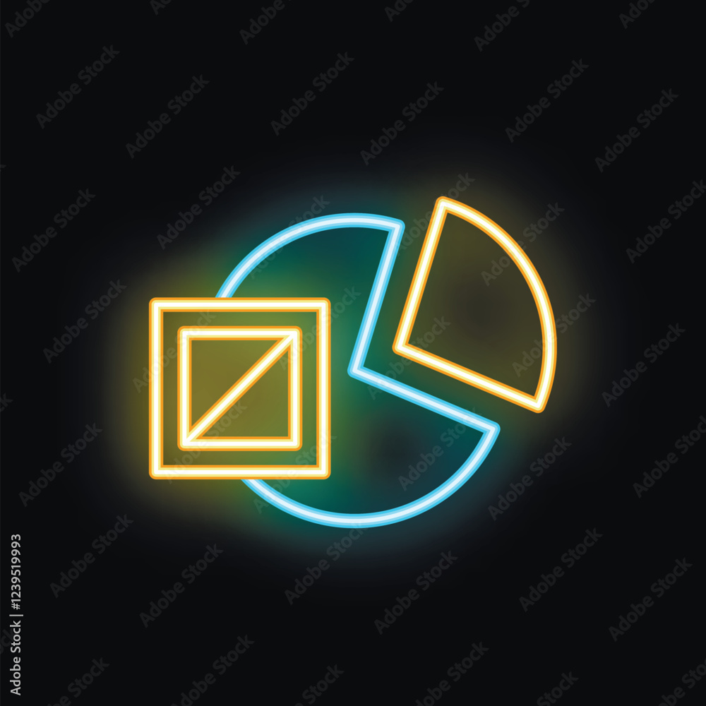 Poster neon light effect vector illustration of a pie chart with one segment separated from the rest and a 