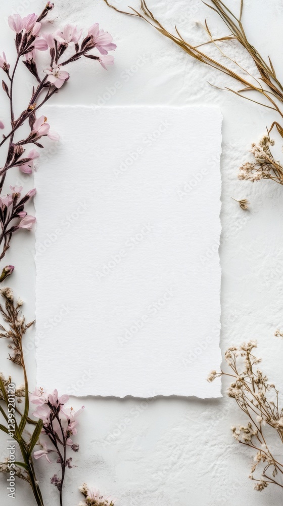 Poster blank white paper surrounded by dried flowers on a textured surface in soft natural light. generativ