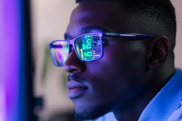 Focused young african male analyzing digital data reflections in glasses