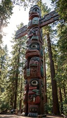 Ancient cedar totem pole with mythical creatures shiny surface sunlight filtering through trees
