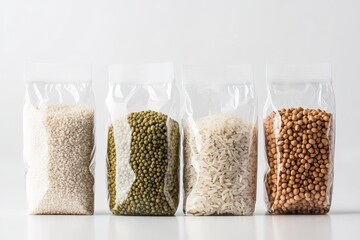 Assorted grains and legumes in transparent packaging on a white background