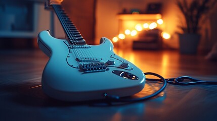 White electric guitar on floor, warm home lighting, music practice